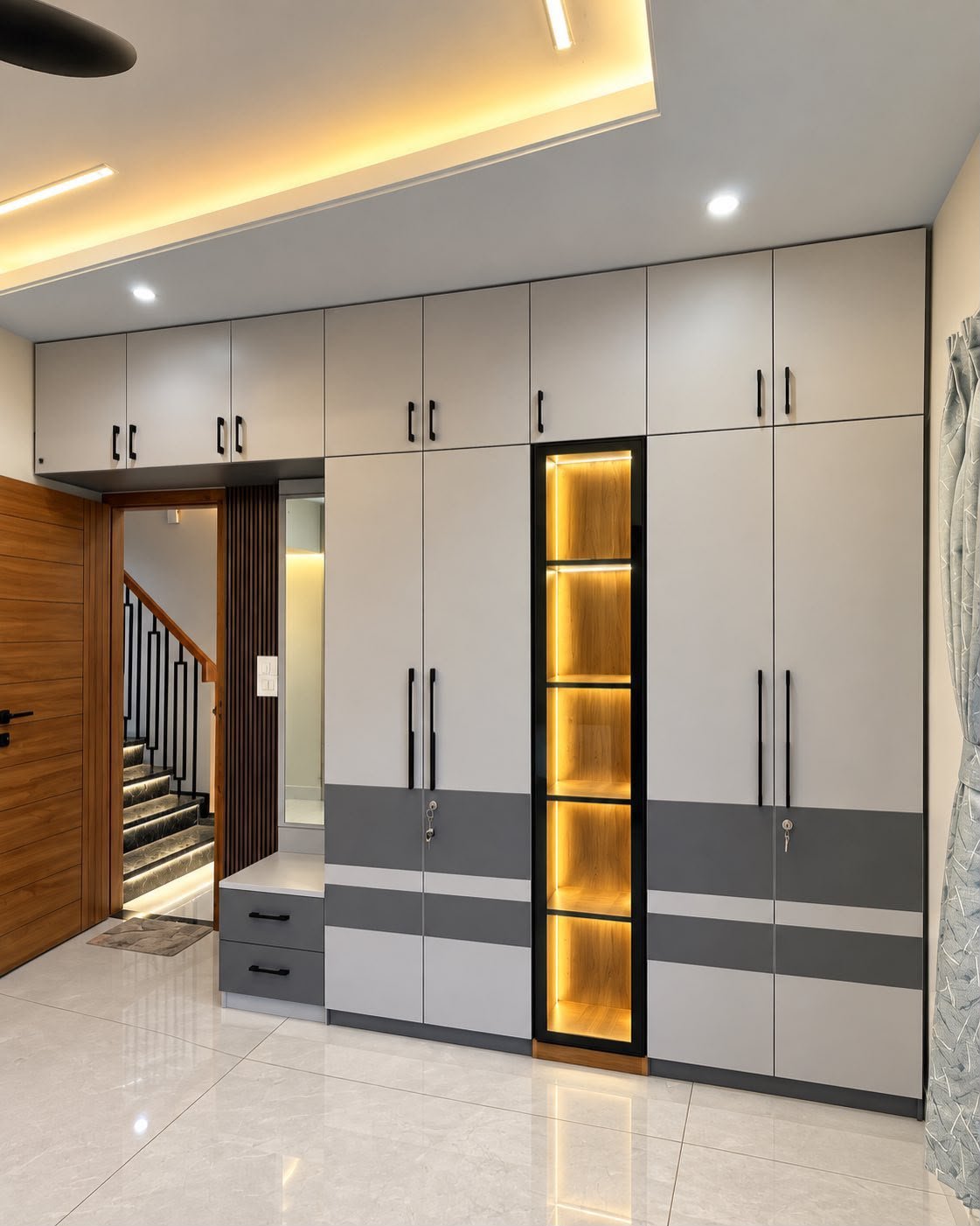 Blue wardrobe with mirror and lighting